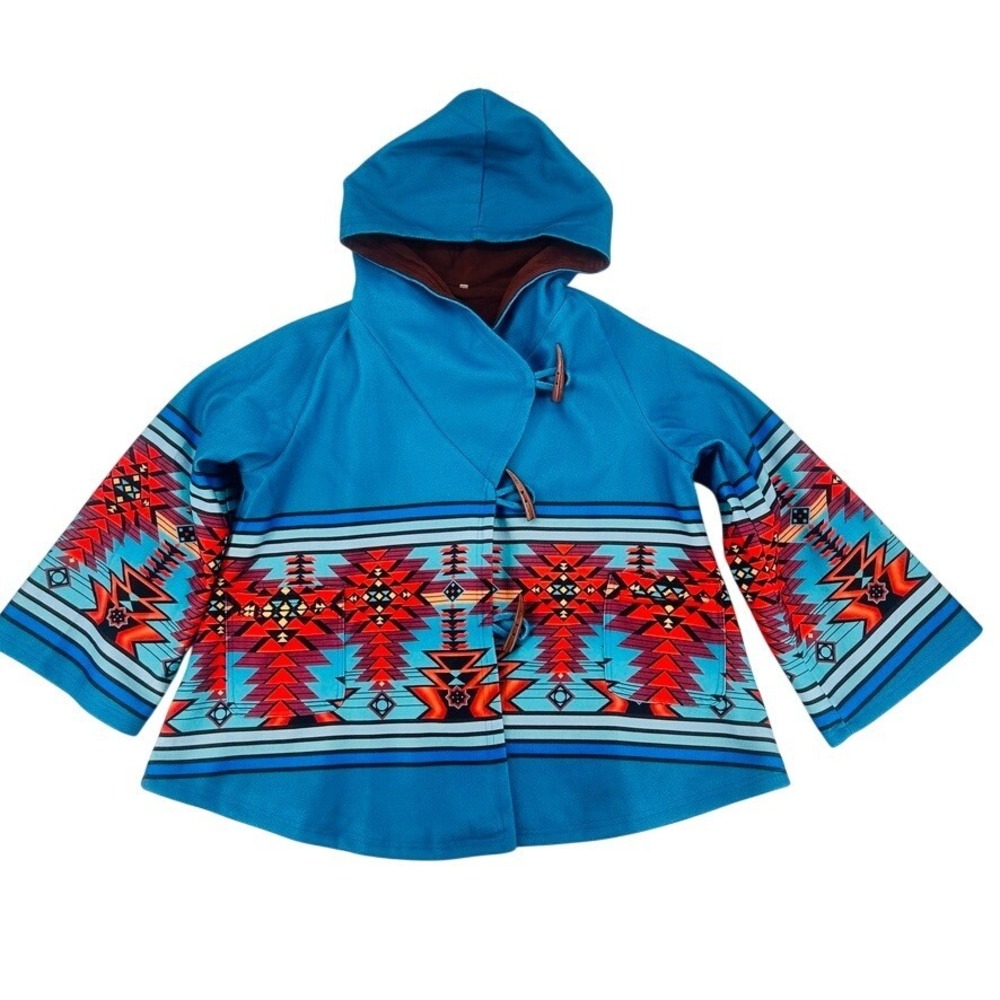 Aztec Print Fleece Hooded‎ Toggle Jacket Teal Brown Southwest XL